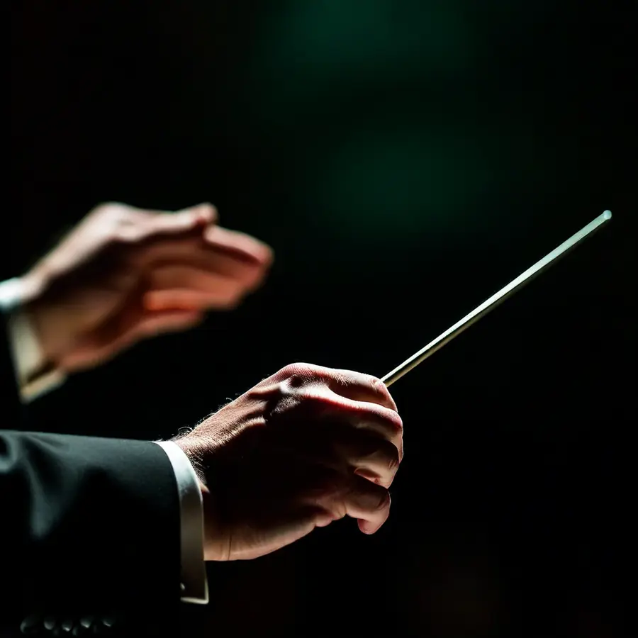 A conductor's hands holding a baton, lit against a dark stage