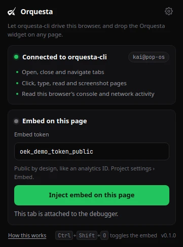 Orquesta extension popup, connected to orquesta-cli