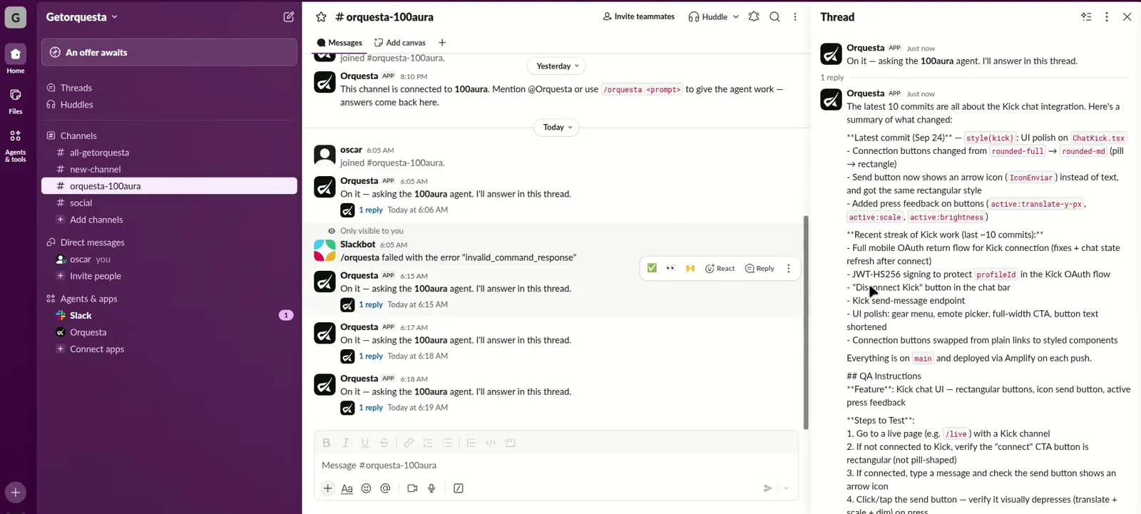 Orquesta answering a /orquesta request in a Slack thread
